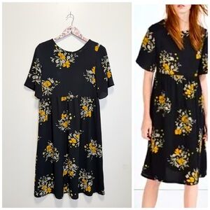 ZARA Black Yellow Floral Lace Up Back Midi Dress! Women’s Small